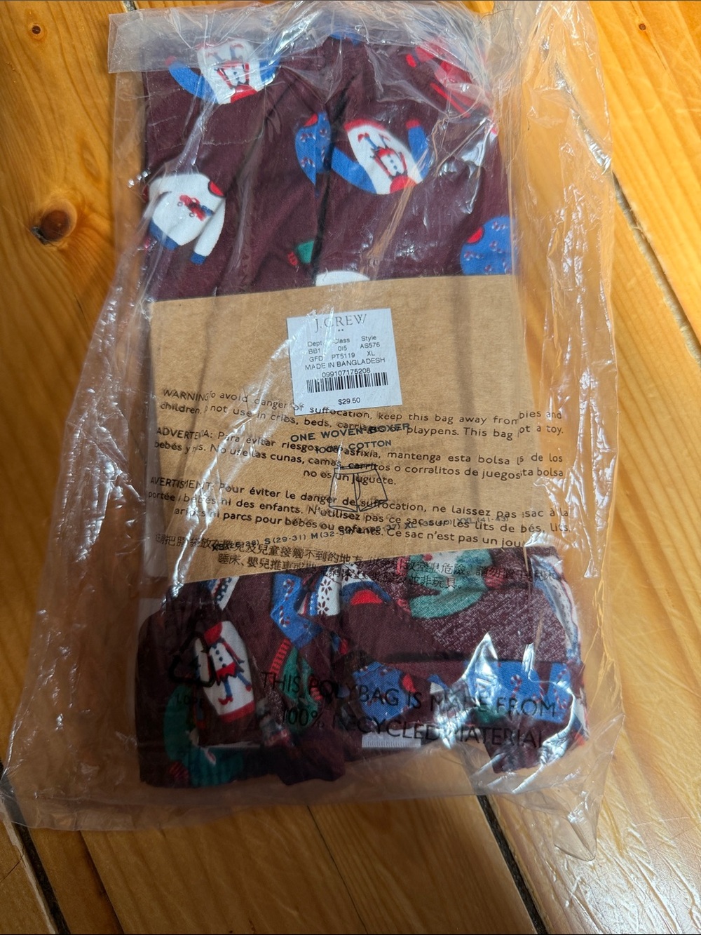 J. Crew Men's Burgundy Boxers with Penguin Print and Blue Accents